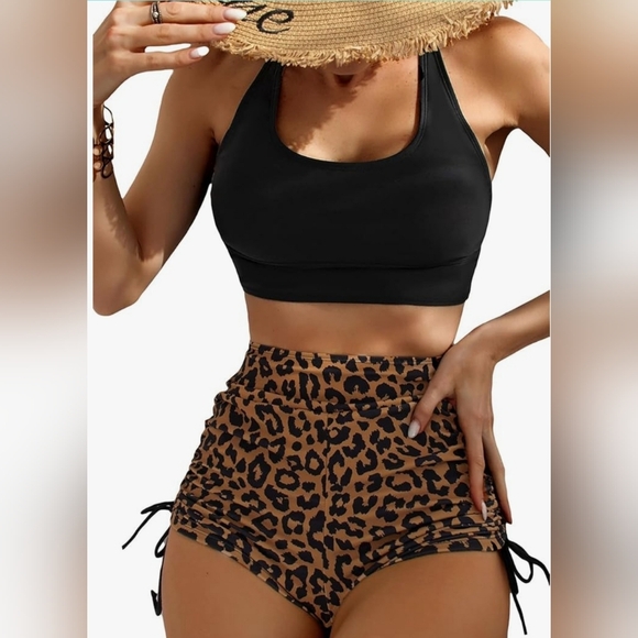 Leopard Print and Black Shorts Swimsuit - Picture 3 of 5
